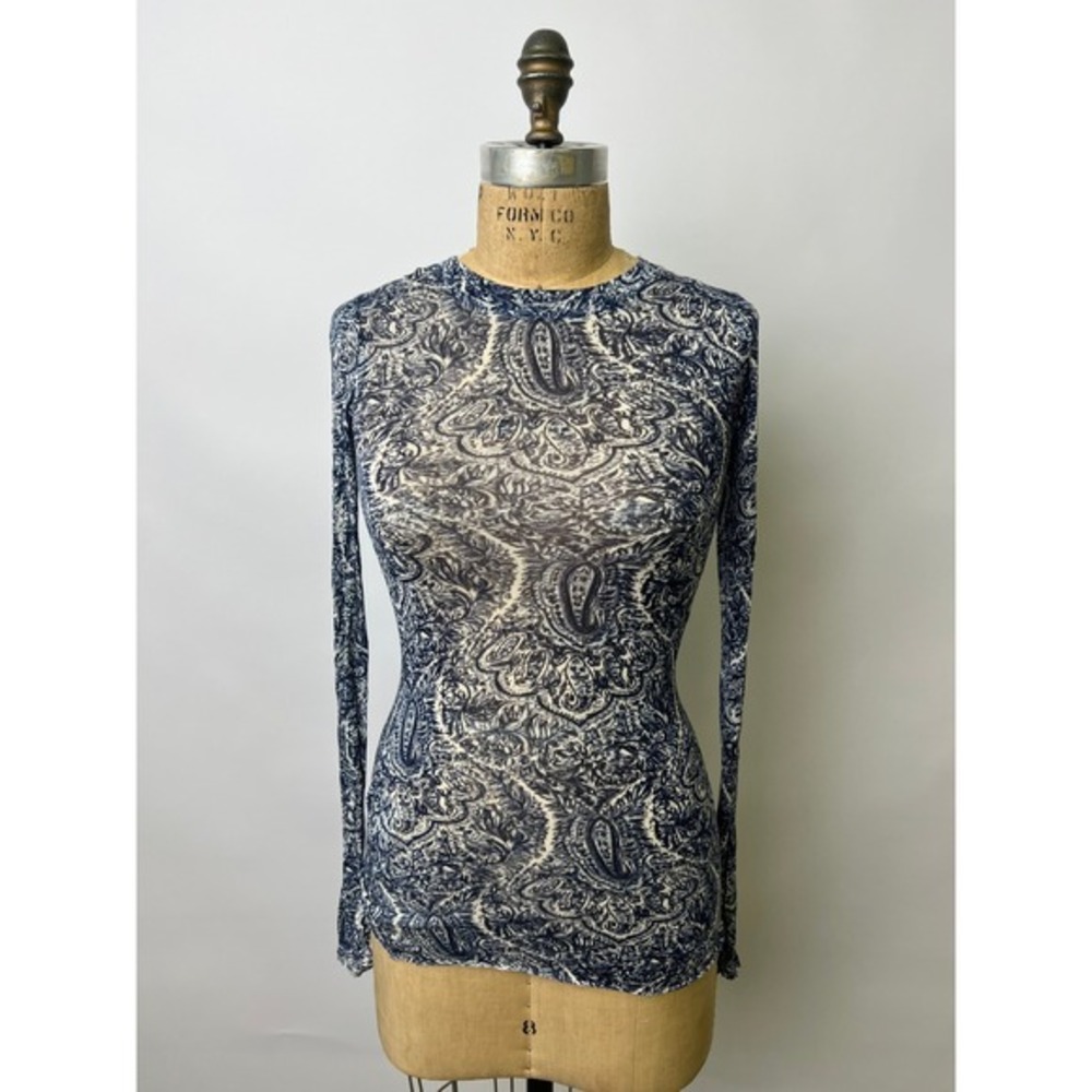 BCBGMAXAZRIA Womens Paisley Long Sleeve Top Black White XS MDW1H554 Sunny